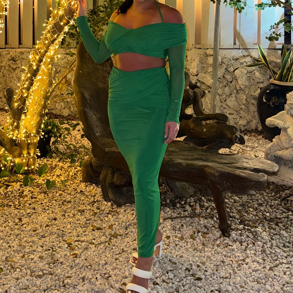 Off Shoulder Wrap Front Crop Top & Split Back Pencil Skirt